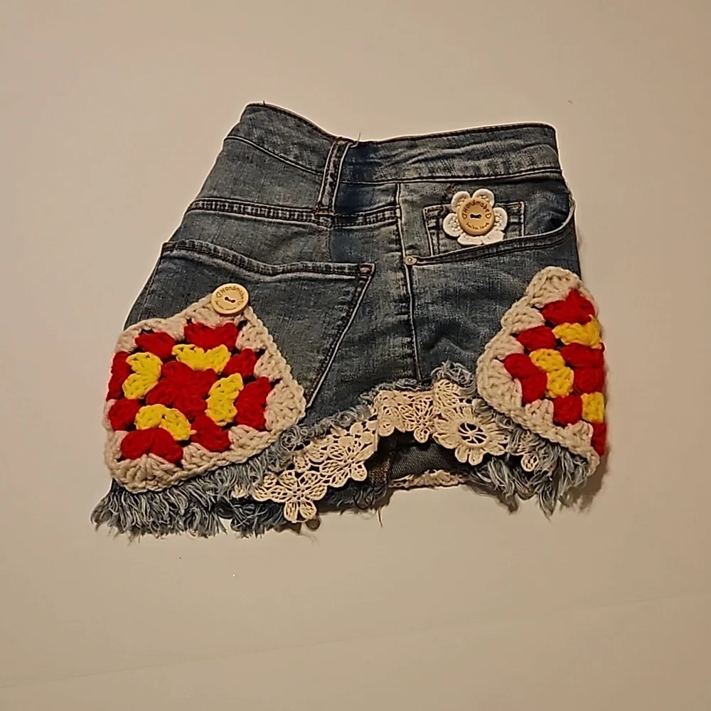 Hand Crafted Upcycled Denim Crochet Shorts Granny Square Handmade High rise 29 - Picture 16 of 17